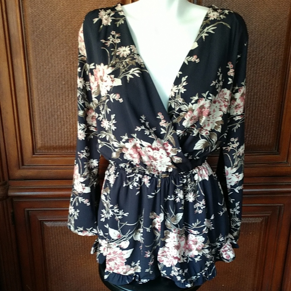 Floral Bell Sleeved Ruffled Bottom Romper - Picture 1 of 5